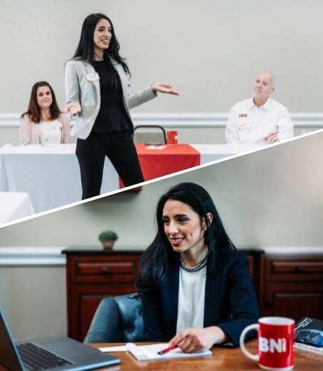 Professional participating in both in-person and online networking meetings.